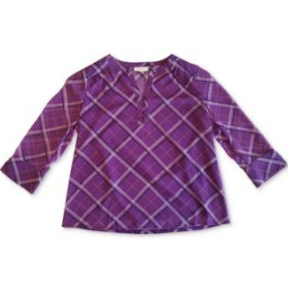 Charter Club Plaid Split-Neck Top Purple Delux Combo